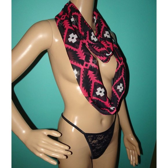 Vintage Black & Pink Southwest Motif Infinity Scarf semi sheer head wrap - Picture 12 of 14